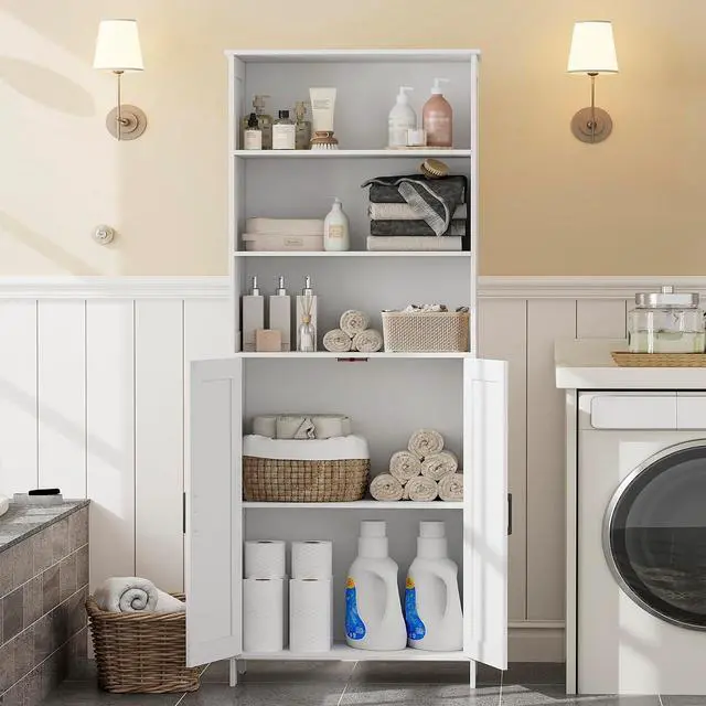 Alt view image 6 of 7 - Homhedy 67" Tall Bathroom Storage Cabinet, Bathroom Floor Cabinet | Freestanding Farmhouse Cabinet with Doors and Adjustable Shelf, Linen Cabinet for Bathroom, Living Room, Laundry Room, White