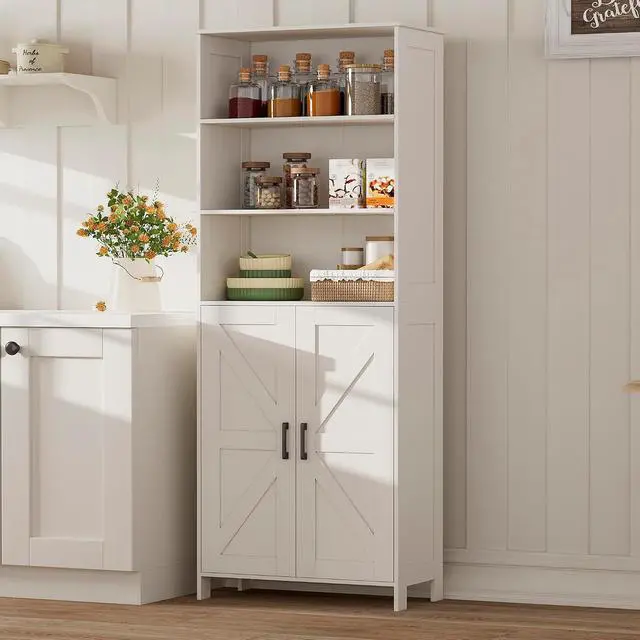 Alt view image 7 of 7 - Homhedy 67" Tall Bathroom Storage Cabinet, Bathroom Floor Cabinet | Freestanding Farmhouse Cabinet with Doors and Adjustable Shelf, Linen Cabinet for Bathroom, Living Room, Laundry Room, White