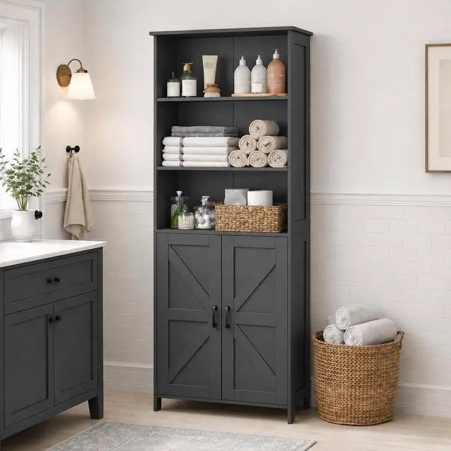 Main image of Homhedy 67" Tall Bathroom Storage Cabinet, Bathroom Floor Cabinet | Freestanding Farmhouse Cabinet with Doors and Adjustable Shelf, Linen Cabinet for Bathroom, Living Room, Laundry Room, Black
