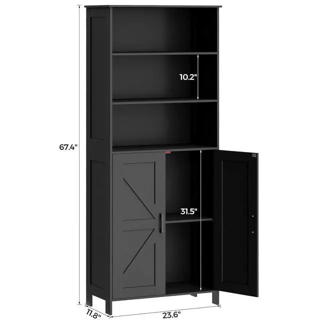 Alt view image 2 of 7 - Homhedy 67" Tall Bathroom Storage Cabinet, Bathroom Floor Cabinet | Freestanding Farmhouse Cabinet with Doors and Adjustable Shelf, Linen Cabinet for Bathroom, Living Room, Laundry Room, Black
