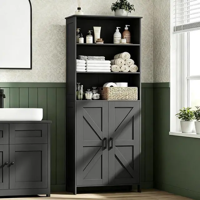 Alt view image 3 of 7 - Homhedy 67" Tall Bathroom Storage Cabinet, Bathroom Floor Cabinet | Freestanding Farmhouse Cabinet with Doors and Adjustable Shelf, Linen Cabinet for Bathroom, Living Room, Laundry Room, Black