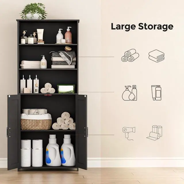 Alt view image 4 of 7 - Homhedy 67" Tall Bathroom Storage Cabinet, Bathroom Floor Cabinet | Freestanding Farmhouse Cabinet with Doors and Adjustable Shelf, Linen Cabinet for Bathroom, Living Room, Laundry Room, Black