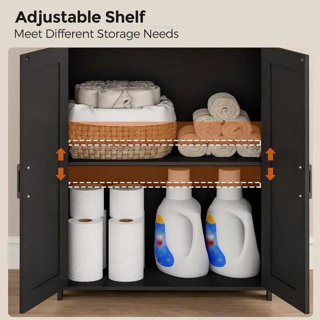 Alt view image 5 of 7 - Homhedy 67" Tall Bathroom Storage Cabinet, Bathroom Floor Cabinet | Freestanding Farmhouse Cabinet with Doors and Adjustable Shelf, Linen Cabinet for Bathroom, Living Room, Laundry Room, Black