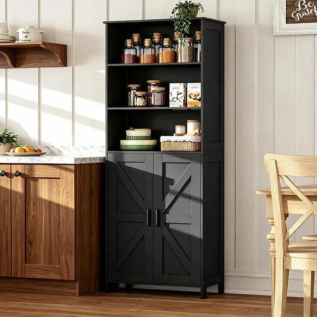Alt view image 7 of 7 - Homhedy 67" Tall Bathroom Storage Cabinet, Bathroom Floor Cabinet | Freestanding Farmhouse Cabinet with Doors and Adjustable Shelf, Linen Cabinet for Bathroom, Living Room, Laundry Room, Black