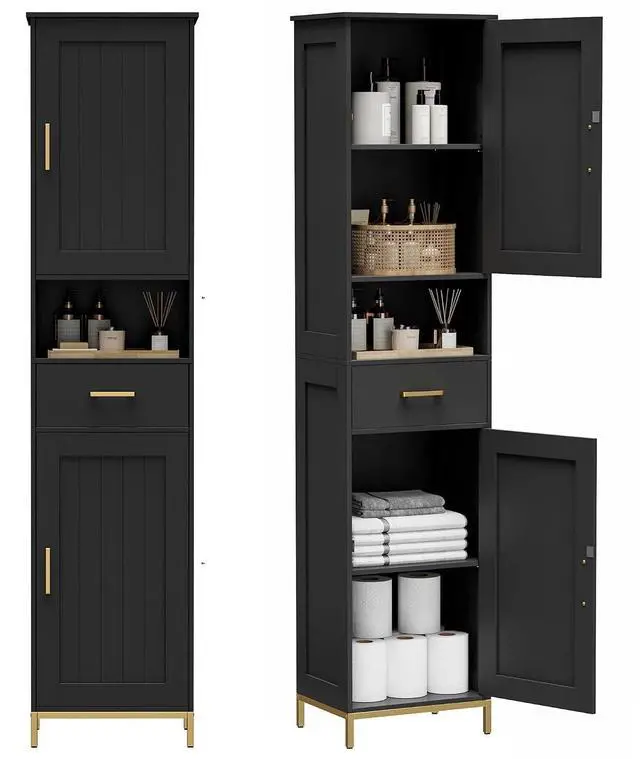 Main image of Homhedy 67" H Bathroom Storage Cabinet, Tall Bathroom Cabinet, Black | Narrow Cabinet with Doors and Drawer, Adjustable Shelves, Floor Cabinet for Bathroom, Living Room, Kitchen, Dining Room