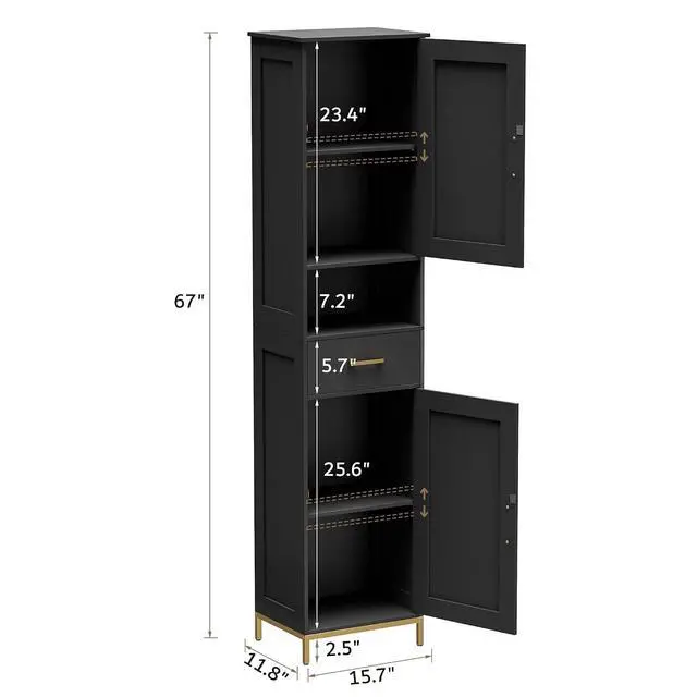 Alt view image 3 of 7 - Homhedy 67" H Bathroom Storage Cabinet, Tall Bathroom Cabinet, Black | Narrow Cabinet with Doors and Drawer, Adjustable Shelves, Floor Cabinet for Bathroom, Living Room, Kitchen, Dining Room