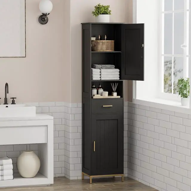 Alt view image 2 of 7 - Homhedy 67" H Bathroom Storage Cabinet, Tall Bathroom Cabinet, Black | Narrow Cabinet with Doors and Drawer, Adjustable Shelves, Floor Cabinet for Bathroom, Living Room, Kitchen, Dining Room