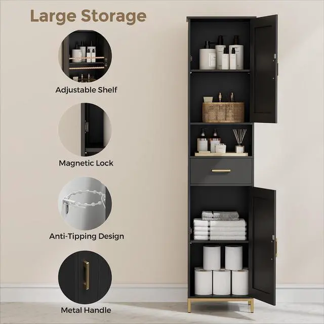 Alt view image 4 of 7 - Homhedy 67" H Bathroom Storage Cabinet, Tall Bathroom Cabinet, Black | Narrow Cabinet with Doors and Drawer, Adjustable Shelves, Floor Cabinet for Bathroom, Living Room, Kitchen, Dining Room