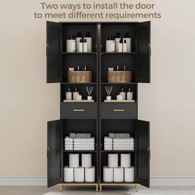 Alt view image 5 of 7 - Homhedy 67" H Bathroom Storage Cabinet, Tall Bathroom Cabinet, Black | Narrow Cabinet with Doors and Drawer, Adjustable Shelves, Floor Cabinet for Bathroom, Living Room, Kitchen, Dining Room