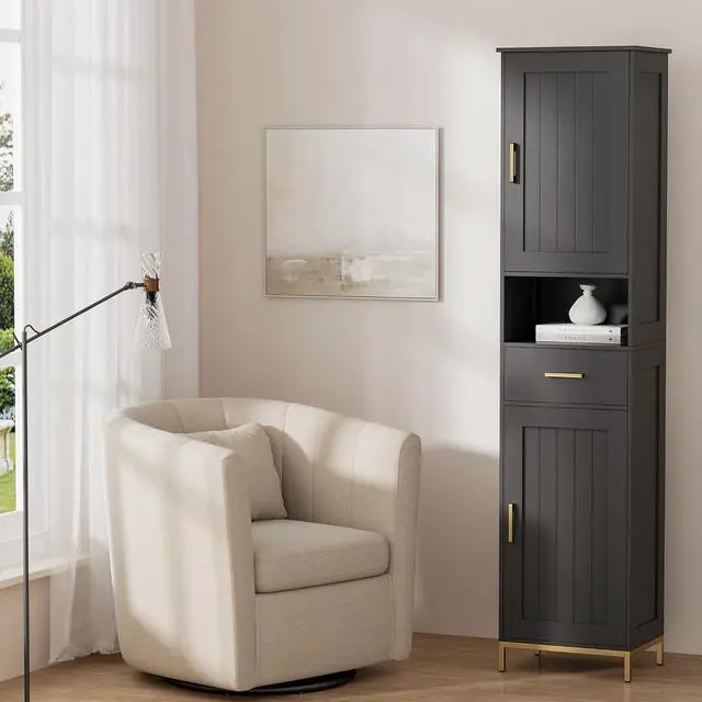 Alt view image 7 of 7 - Homhedy 67" H Bathroom Storage Cabinet, Tall Bathroom Cabinet, Black | Narrow Cabinet with Doors and Drawer, Adjustable Shelves, Floor Cabinet for Bathroom, Living Room, Kitchen, Dining Room