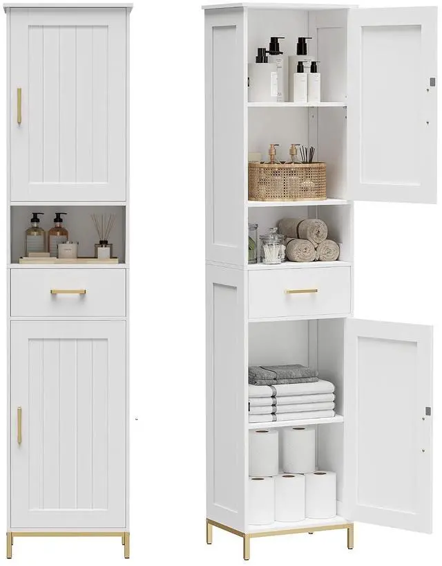 Main image of Homhedy 67" H Bathroom Storage Cabinet, Tall Bathroom Cabinet, White | Narrow Cabinet with Doors and Drawer, Adjustable Shelves, Floor Cabinet for Bathroom, Living Room, Kitchen, Dining Room