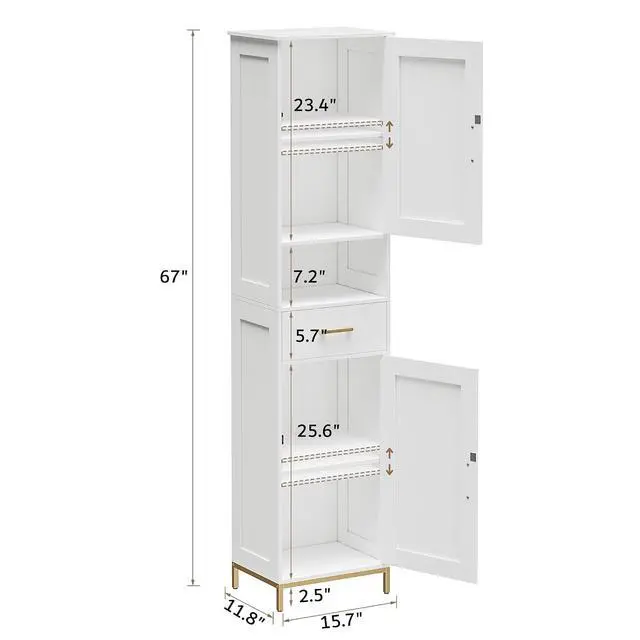 Alt view image 3 of 7 - Homhedy 67" H Bathroom Storage Cabinet, Tall Bathroom Cabinet, White | Narrow Cabinet with Doors and Drawer, Adjustable Shelves, Floor Cabinet for Bathroom, Living Room, Kitchen, Dining Room