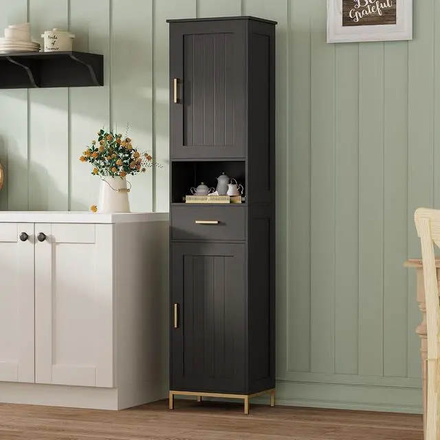 Alt view image 6 of 7 - Homhedy 67" H Bathroom Storage Cabinet, Tall Bathroom Cabinet, Black | Narrow Cabinet with Doors and Drawer, Adjustable Shelves, Floor Cabinet for Bathroom, Living Room, Kitchen, Dining Room