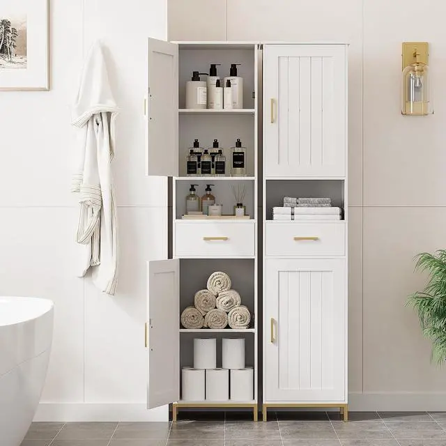 Alt view image 2 of 7 - Homhedy 67" H Bathroom Storage Cabinet, Tall Bathroom Cabinet, White | Narrow Cabinet with Doors and Drawer, Adjustable Shelves, Floor Cabinet for Bathroom, Living Room, Kitchen, Dining Room