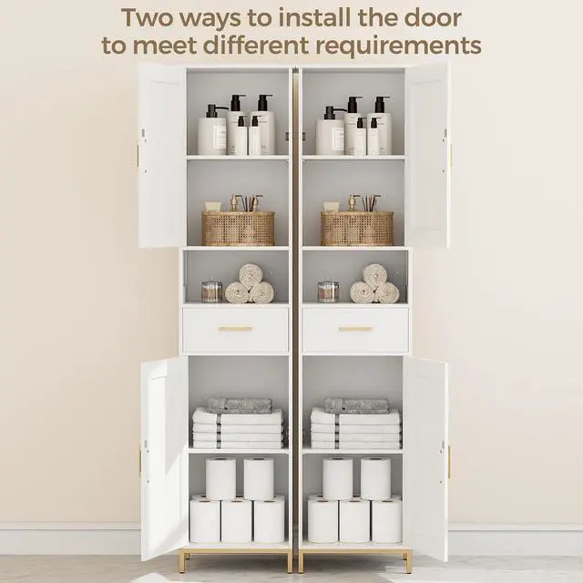 Alt view image 5 of 7 - Homhedy 67" H Bathroom Storage Cabinet, Tall Bathroom Cabinet, White | Narrow Cabinet with Doors and Drawer, Adjustable Shelves, Floor Cabinet for Bathroom, Living Room, Kitchen, Dining Room