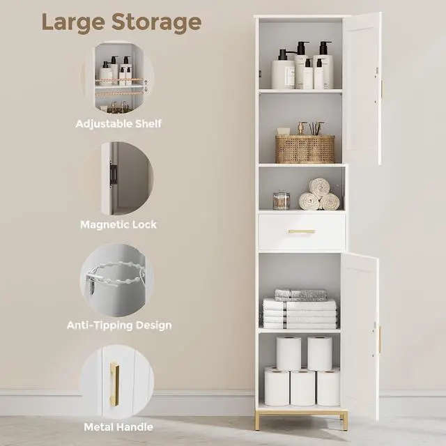 Alt view image 4 of 7 - Homhedy 67" H Bathroom Storage Cabinet, Tall Bathroom Cabinet, White | Narrow Cabinet with Doors and Drawer, Adjustable Shelves, Floor Cabinet for Bathroom, Living Room, Kitchen, Dining Room