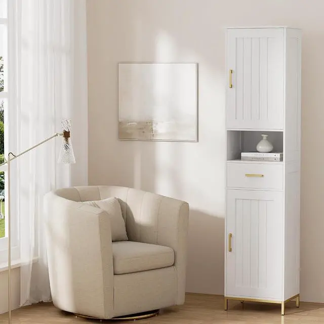 Alt view image 7 of 7 - Homhedy 67" H Bathroom Storage Cabinet, Tall Bathroom Cabinet, White | Narrow Cabinet with Doors and Drawer, Adjustable Shelves, Floor Cabinet for Bathroom, Living Room, Kitchen, Dining Room