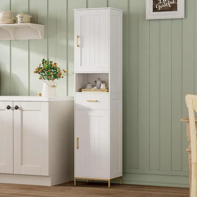 Alt view image 6 of 7 - Homhedy 67" H Bathroom Storage Cabinet, Tall Bathroom Cabinet, White | Narrow Cabinet with Doors and Drawer, Adjustable Shelves, Floor Cabinet for Bathroom, Living Room, Kitchen, Dining Room