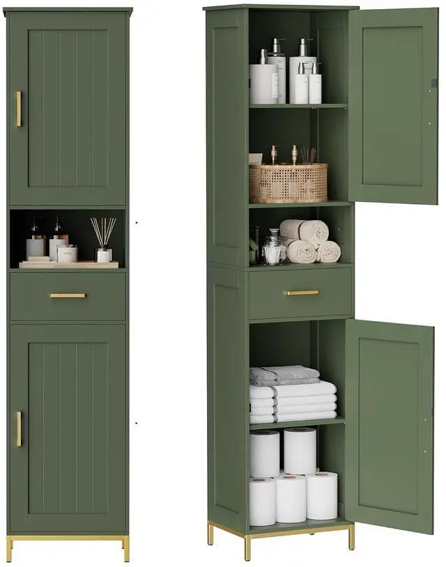 Main image of Homhedy 67" H Bathroom Storage Cabinet, Tall Bathroom Cabinet, Green | Narrow Cabinet with Doors and Drawer, Adjustable Shelves, Floor Cabinet for Bathroom, Living Room, Kitchen, Dining Room