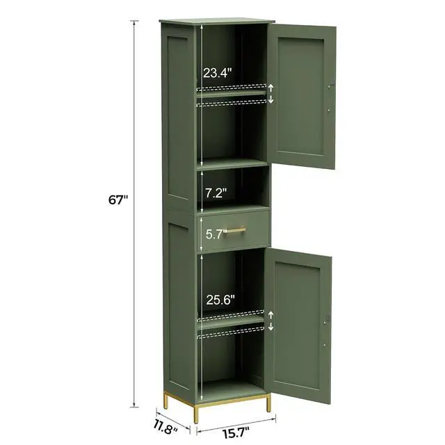 Alt view image 3 of 7 - Homhedy 67" H Bathroom Storage Cabinet, Tall Bathroom Cabinet, Green | Narrow Cabinet with Doors and Drawer, Adjustable Shelves, Floor Cabinet for Bathroom, Living Room, Kitchen, Dining Room