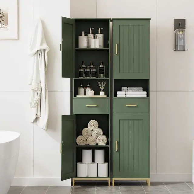 Alt view image 2 of 7 - Homhedy 67" H Bathroom Storage Cabinet, Tall Bathroom Cabinet, Green | Narrow Cabinet with Doors and Drawer, Adjustable Shelves, Floor Cabinet for Bathroom, Living Room, Kitchen, Dining Room