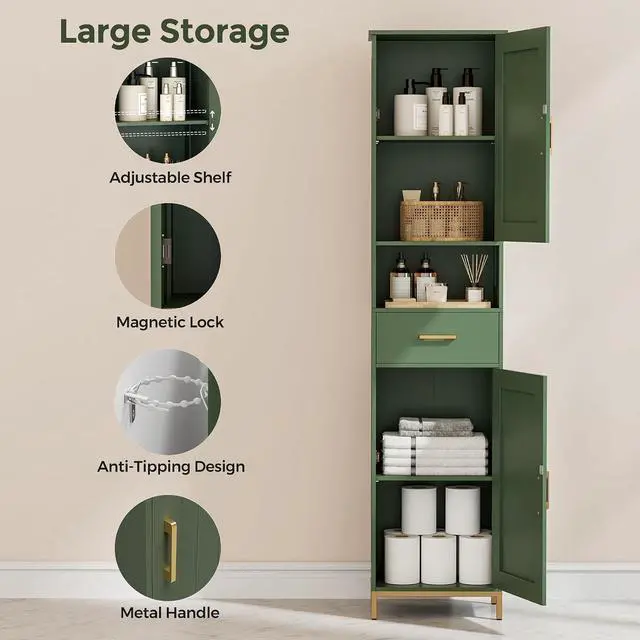 Alt view image 4 of 7 - Homhedy 67" H Bathroom Storage Cabinet, Tall Bathroom Cabinet, Green | Narrow Cabinet with Doors and Drawer, Adjustable Shelves, Floor Cabinet for Bathroom, Living Room, Kitchen, Dining Room