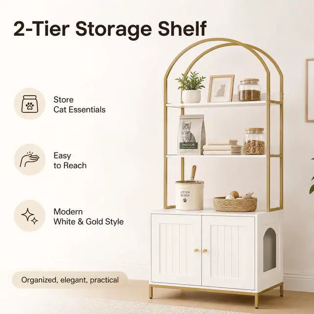 Alt view image 2 of 7 - Homhedy Cat Litter Box Enclosure with 2-Tier Shelves, White and Gold | Litter Box Furniture Hidden, Indoor Cat House, Wooden Cat Washroom Furniture with Metal Frame, Modern Style