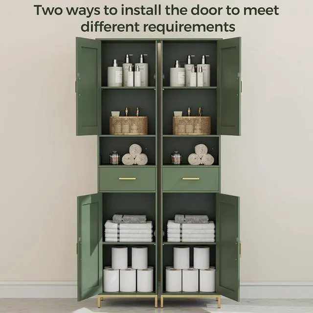 Alt view image 5 of 7 - Homhedy 67" H Bathroom Storage Cabinet, Tall Bathroom Cabinet, Green | Narrow Cabinet with Doors and Drawer, Adjustable Shelves, Floor Cabinet for Bathroom, Living Room, Kitchen, Dining Room