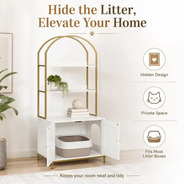 Alt view image 3 of 7 - Homhedy Cat Litter Box Enclosure with 2-Tier Shelves, White and Gold | Litter Box Furniture Hidden, Indoor Cat House, Wooden Cat Washroom Furniture with Metal Frame, Modern Style