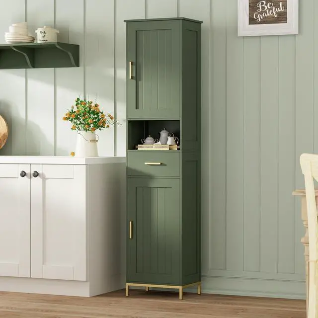 Alt view image 6 of 7 - Homhedy 67" H Bathroom Storage Cabinet, Tall Bathroom Cabinet, Green | Narrow Cabinet with Doors and Drawer, Adjustable Shelves, Floor Cabinet for Bathroom, Living Room, Kitchen, Dining Room