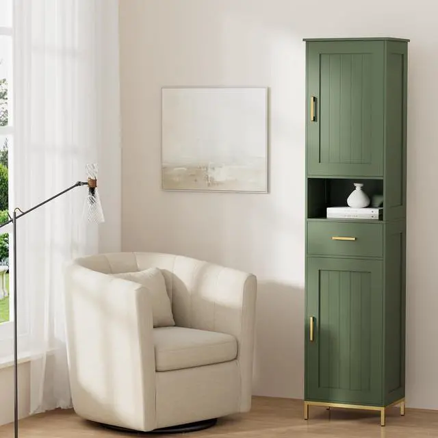 Alt view image 7 of 7 - Homhedy 67" H Bathroom Storage Cabinet, Tall Bathroom Cabinet, Green | Narrow Cabinet with Doors and Drawer, Adjustable Shelves, Floor Cabinet for Bathroom, Living Room, Kitchen, Dining Room