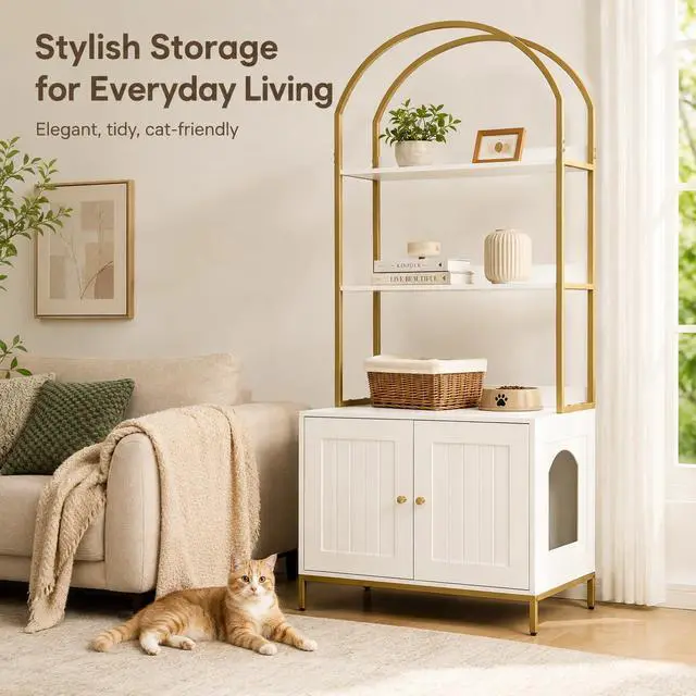 Alt view image 5 of 7 - Homhedy Cat Litter Box Enclosure with 2-Tier Shelves, White and Gold | Litter Box Furniture Hidden, Indoor Cat House, Wooden Cat Washroom Furniture with Metal Frame, Modern Style