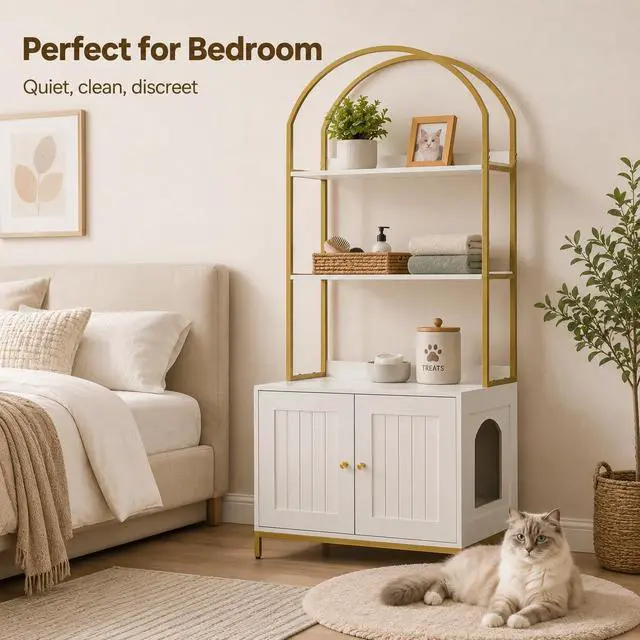 Alt view image 6 of 7 - Homhedy Cat Litter Box Enclosure with 2-Tier Shelves, White and Gold | Litter Box Furniture Hidden, Indoor Cat House, Wooden Cat Washroom Furniture with Metal Frame, Modern Style