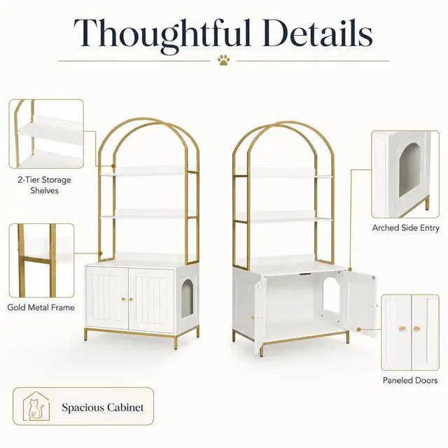 Alt view image 7 of 7 - Homhedy Cat Litter Box Enclosure with 2-Tier Shelves, White and Gold | Litter Box Furniture Hidden, Indoor Cat House, Wooden Cat Washroom Furniture with Metal Frame, Modern Style