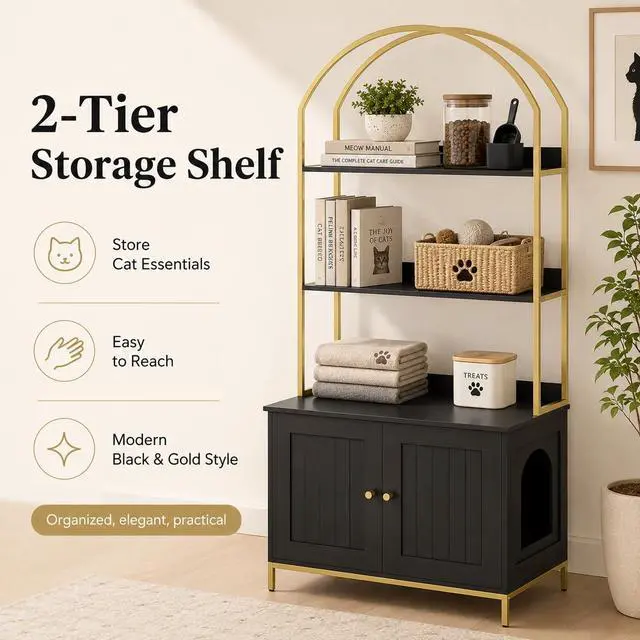 Alt view image 2 of 7 - Homhedy Cat Litter Box Enclosure with 2-Tier Shelves, Black and Gold | Litter Box Furniture Hidden, Indoor Cat House, Wooden Cat Washroom Furniture with Metal Frame, Modern Style
