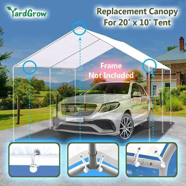 Alt view image 4 of 7 - YardGrow 10'x20' Carport Replacement Canopy Cover for Tent Car Shelter Top Tarp Cover w/Bungees, Carport Canopy Top Replacement Cover ONLY (White)