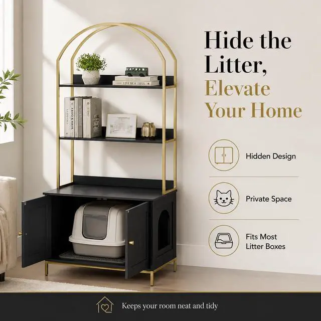Alt view image 3 of 7 - Homhedy Cat Litter Box Enclosure with 2-Tier Shelves, Black and Gold | Litter Box Furniture Hidden, Indoor Cat House, Wooden Cat Washroom Furniture with Metal Frame, Modern Style