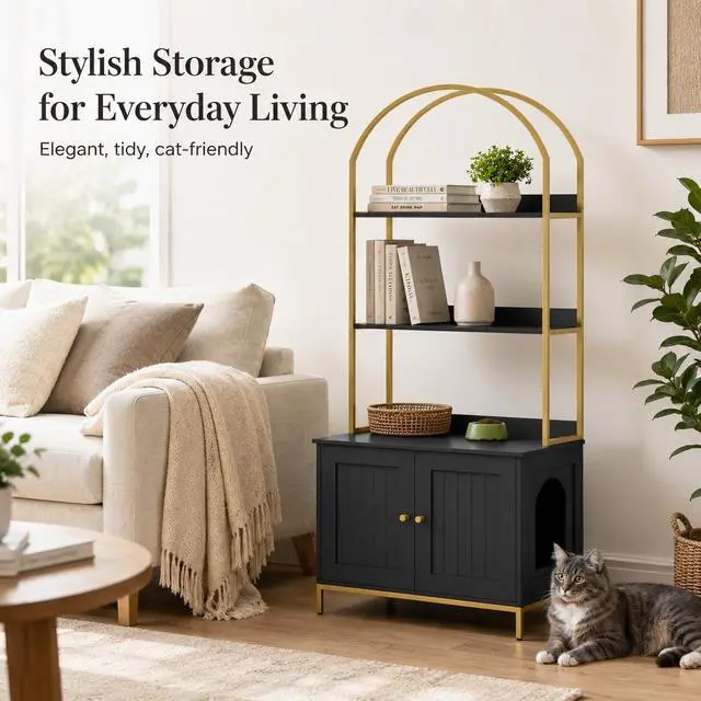 Alt view image 5 of 7 - Homhedy Cat Litter Box Enclosure with 2-Tier Shelves, Black and Gold | Litter Box Furniture Hidden, Indoor Cat House, Wooden Cat Washroom Furniture with Metal Frame, Modern Style