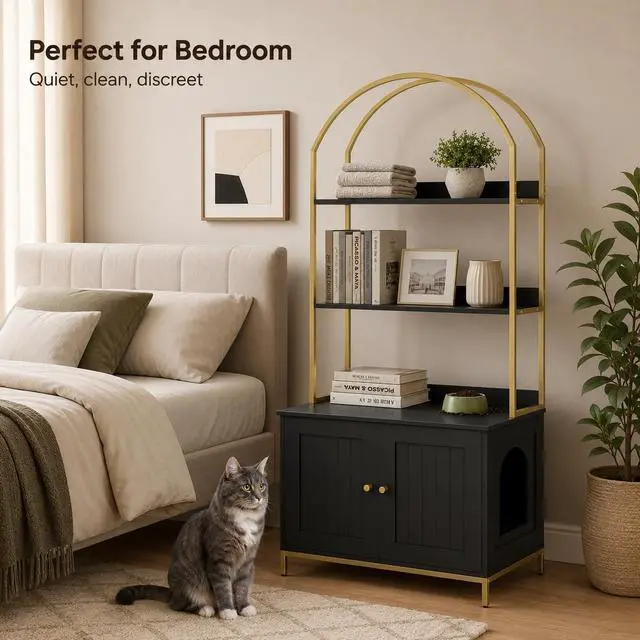 Alt view image 6 of 7 - Homhedy Cat Litter Box Enclosure with 2-Tier Shelves, Black and Gold | Litter Box Furniture Hidden, Indoor Cat House, Wooden Cat Washroom Furniture with Metal Frame, Modern Style