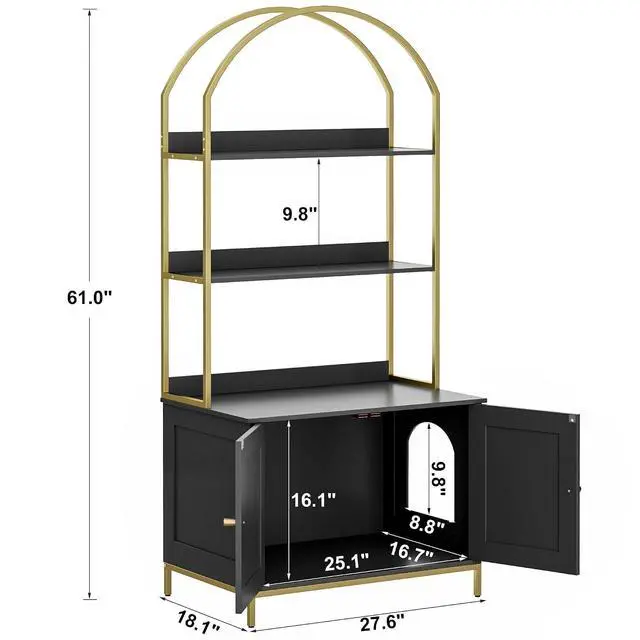 Alt view image 4 of 7 - Homhedy Cat Litter Box Enclosure with 2-Tier Shelves, Black and Gold | Litter Box Furniture Hidden, Indoor Cat House, Wooden Cat Washroom Furniture with Metal Frame, Modern Style