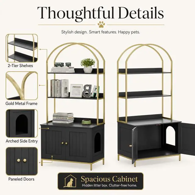 Alt view image 7 of 7 - Homhedy Cat Litter Box Enclosure with 2-Tier Shelves, Black and Gold | Litter Box Furniture Hidden, Indoor Cat House, Wooden Cat Washroom Furniture with Metal Frame, Modern Style
