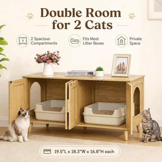 Alt view image 3 of 7 - Homhedy Boho Cat Litter Box Enclosure for 2 Cats, Natural | Hidden Litter Box Furniture with Double Rattan Decorated Doors, Cat Washroom, Cat House, Dog-Proof, TV Stand
