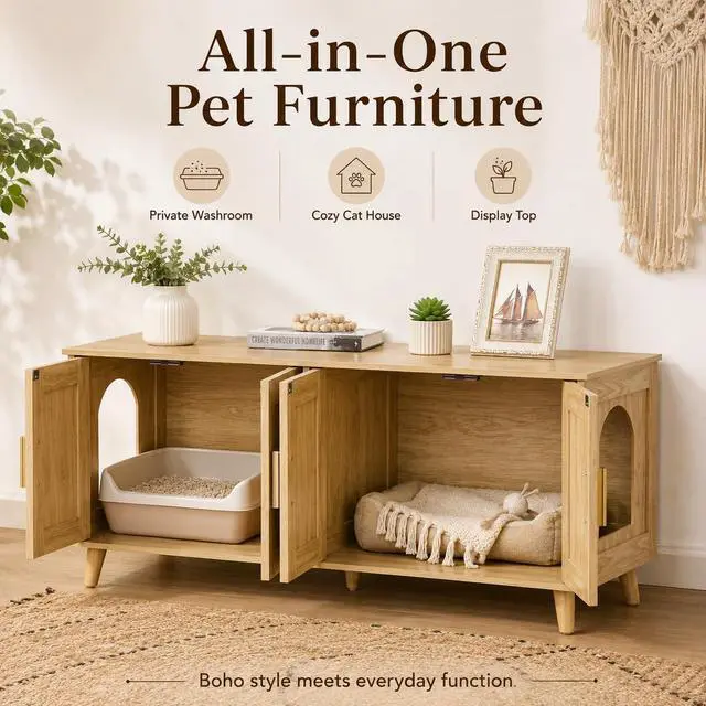 Alt view image 4 of 7 - Homhedy Boho Cat Litter Box Enclosure for 2 Cats, Natural | Hidden Litter Box Furniture with Double Rattan Decorated Doors, Cat Washroom, Cat House, Dog-Proof, TV Stand
