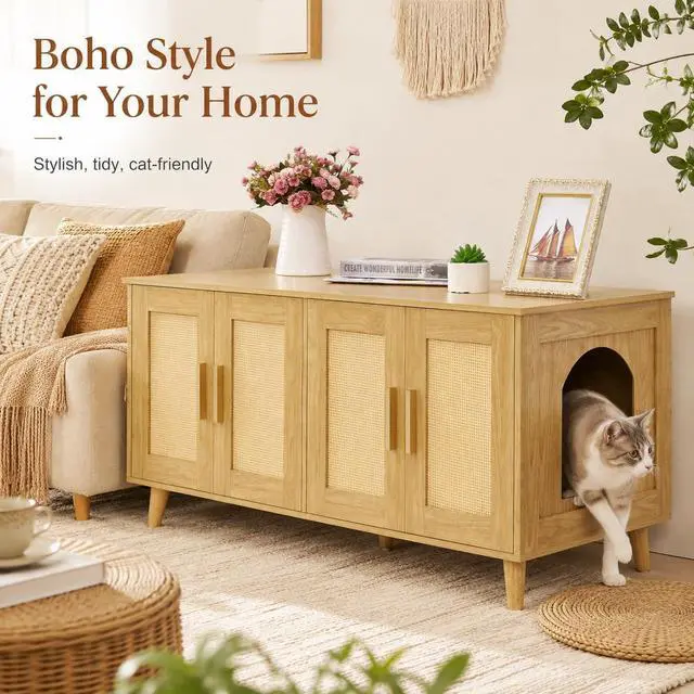 Alt view image 6 of 7 - Homhedy Boho Cat Litter Box Enclosure for 2 Cats, Natural | Hidden Litter Box Furniture with Double Rattan Decorated Doors, Cat Washroom, Cat House, Dog-Proof, TV Stand