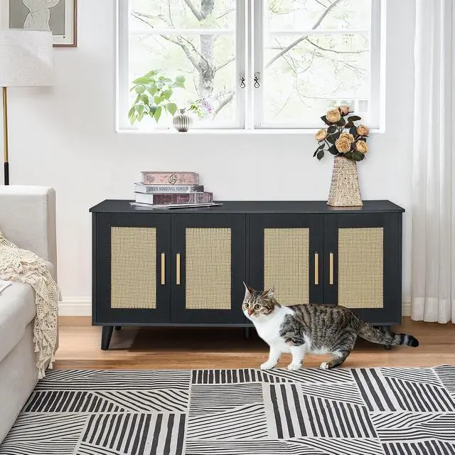Alt view image 2 of 7 - Homhedy Boho Cat Litter Box Enclosure for 2 Cats, Black and Natural | Hidden Litter Box Furniture with Double Rattan Decorated Doors, Cat Washroom, Cat House, Dog-Proof, TV Stand