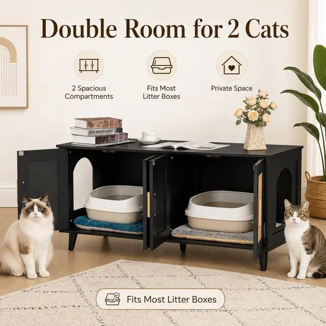 Alt view image 4 of 7 - Homhedy Boho Cat Litter Box Enclosure for 2 Cats, Black and Natural | Hidden Litter Box Furniture with Double Rattan Decorated Doors, Cat Washroom, Cat House, Dog-Proof, TV Stand
