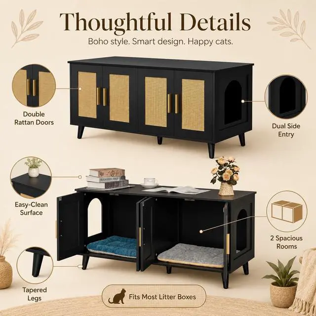 Alt view image 6 of 7 - Homhedy Boho Cat Litter Box Enclosure for 2 Cats, Black and Natural | Hidden Litter Box Furniture with Double Rattan Decorated Doors, Cat Washroom, Cat House, Dog-Proof, TV Stand