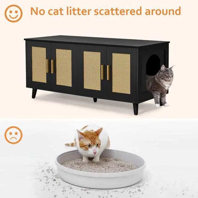 Alt view image 7 of 7 - Homhedy Boho Cat Litter Box Enclosure for 2 Cats, Black and Natural | Hidden Litter Box Furniture with Double Rattan Decorated Doors, Cat Washroom, Cat House, Dog-Proof, TV Stand
