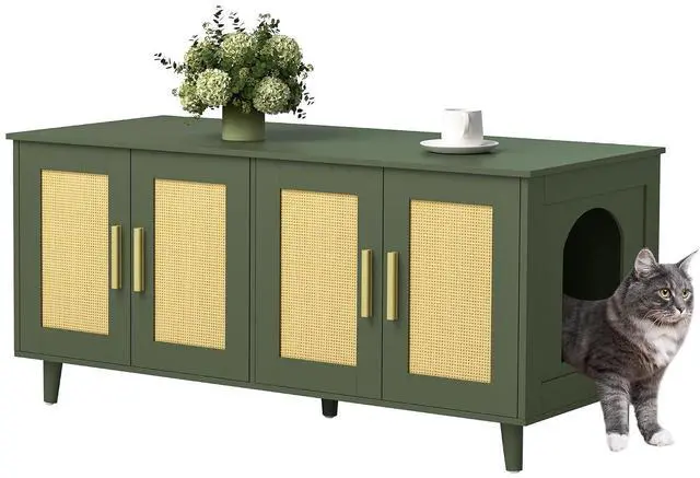 Main image of Homhedy Boho Cat Litter Box Enclosure for 2 Cats, Green and Natural | Hidden Litter Box Furniture with Double Rattan Decorated Doors, Cat Washroom, Cat House, Dog-Proof, TV Stand