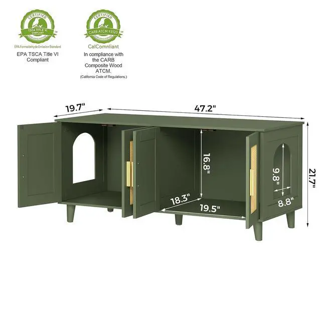 Alt view image 3 of 7 - Homhedy Boho Cat Litter Box Enclosure for 2 Cats, Green and Natural | Hidden Litter Box Furniture with Double Rattan Decorated Doors, Cat Washroom, Cat House, Dog-Proof, TV Stand